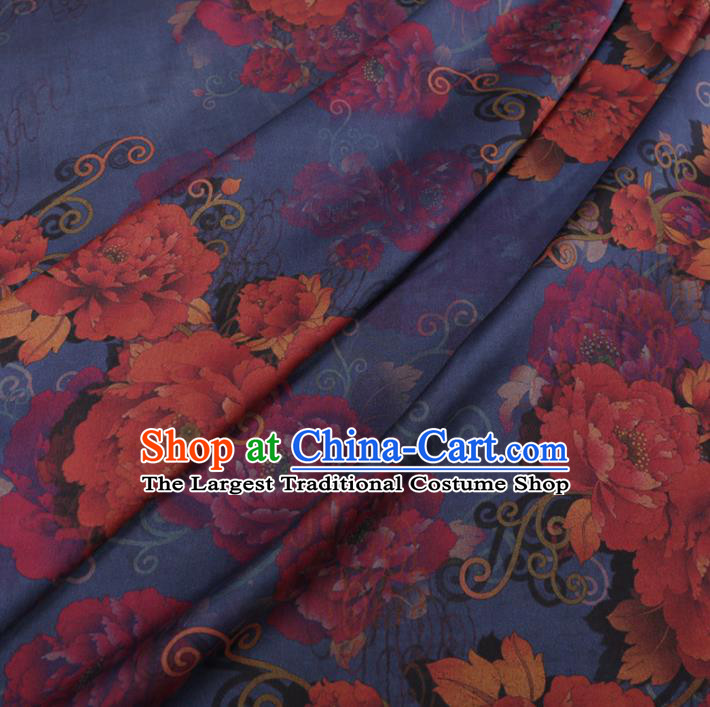 Chinese Traditional Peony Flowers Pattern Design Blue Satin Watered Gauze Brocade Fabric Asian Silk Fabric Material