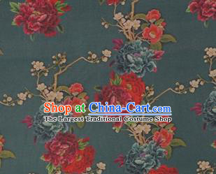 Chinese Traditional Peony Flowers Pattern Design Dark Green Satin Watered Gauze Brocade Fabric Asian Silk Fabric Material