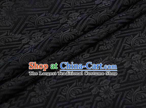 Chinese Traditional Chrysanthemum Pattern Design Deep Grey Satin Watered Gauze Brocade Fabric Asian Silk Fabric Material