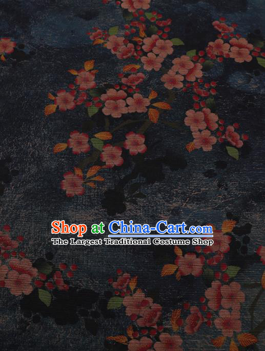 Traditional Chinese Classical Peach Flowers Pattern Design Navy Satin Watered Gauze Brocade Fabric Asian Silk Fabric Material