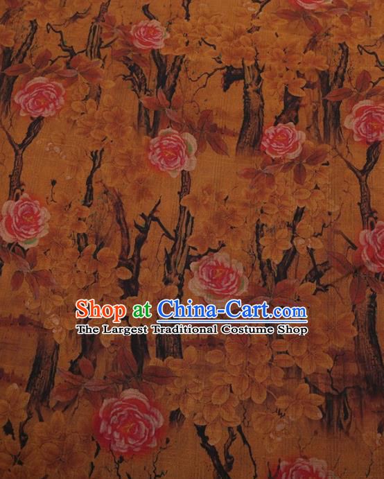 Traditional Chinese Classical Camellia Pattern Design Yellow Satin Watered Gauze Brocade Fabric Asian Silk Fabric Material