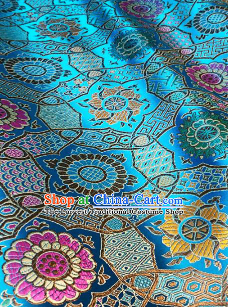 Chinese Classical Galsang Flower Pattern Design Blue Brocade Drapery Asian Traditional Tang Suit Silk Fabric Material