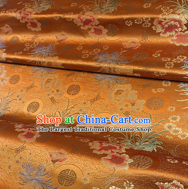 Chinese Classical Chrysanthemum Peony Pattern Design Orange Brocade Drapery Asian Traditional Tang Suit Silk Fabric Material