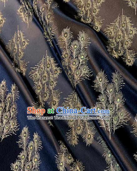 Chinese Classical Satin Feather Pattern Design Black Brocade Drapery Asian Traditional Tang Suit Silk Fabric Material