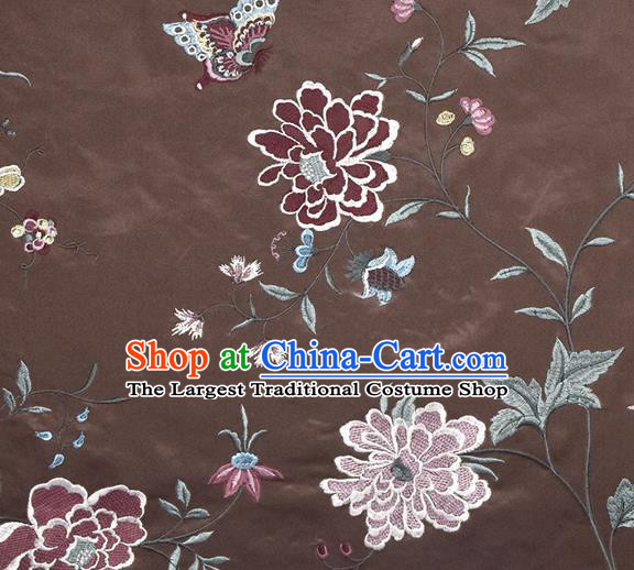Traditional Chinese Classical Embroidered Peony Pattern Design Fabric Brown Brocade Tang Suit Satin Drapery Asian Silk Material