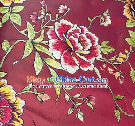Traditional Chinese Classical Peony Pattern Design Wedding Brocade Wine Red Satin Drapery Asian Tang Suit Silk Fabric Material
