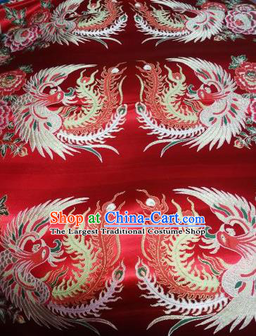 Asian Chinese Dress Beige Satin Classical Phoenix Pattern Design Red Brocade Fabric Traditional Drapery Silk Material