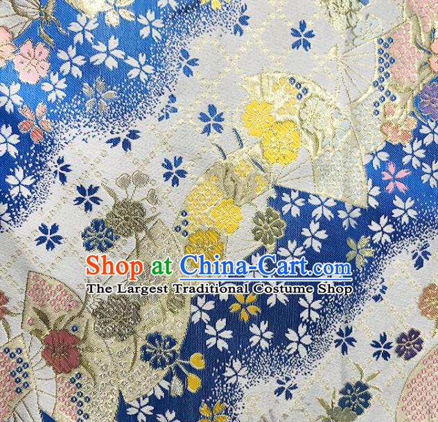 Asian Japanese Kimono Fabric Classical Fan Pattern Design Deep Blue Brocade Traditional Drapery Silk Material