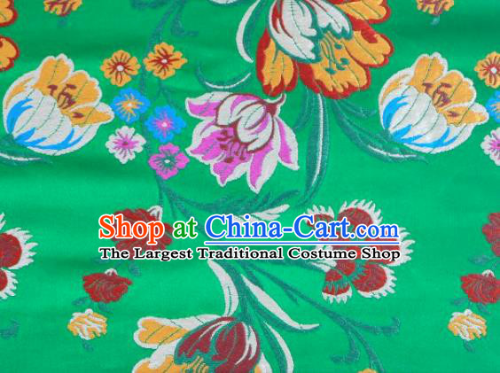 Asian Chinese Fabric Green Satin Classical Tulip Pattern Design Brocade Traditional Drapery Silk Material