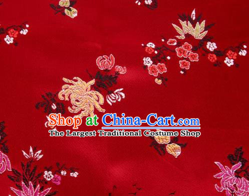 Asian Chinese Classical Peony Chrysanthemum Pattern Design Red Satin Fabric Brocade Traditional Drapery Silk Material