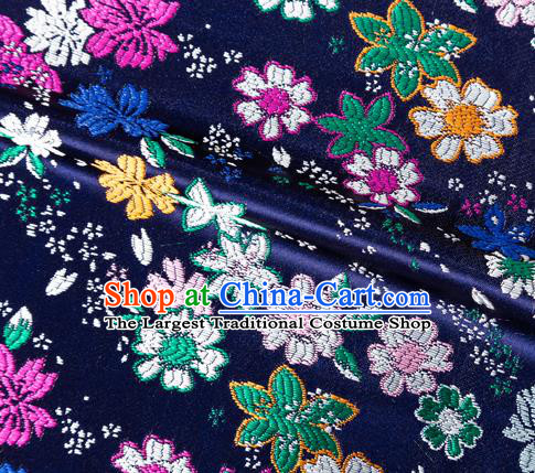 Asian Japanese Kimono Fabric Classical Flowers Pattern Design Navy Brocade Traditional Drapery Silk Material
