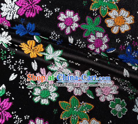 Asian Japanese Kimono Fabric Classical Flowers Pattern Design Black Brocade Traditional Drapery Silk Material