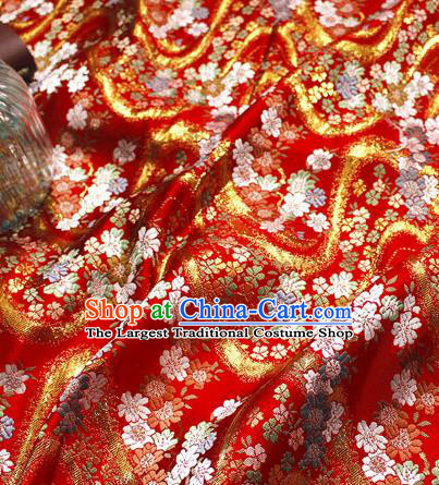 Asian Japanese Kimono Red Satin Fabric Classical Sakura Pattern Design Brocade Traditional Drapery Silk Material