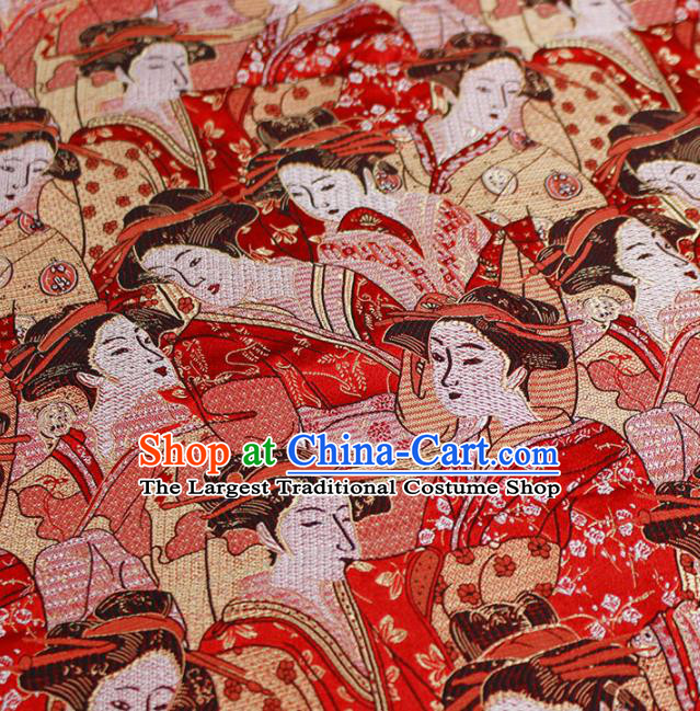Asian Japanese Kimono Red Satin Fabric Classical Geisha Pattern Design Brocade Traditional Drapery Silk Material