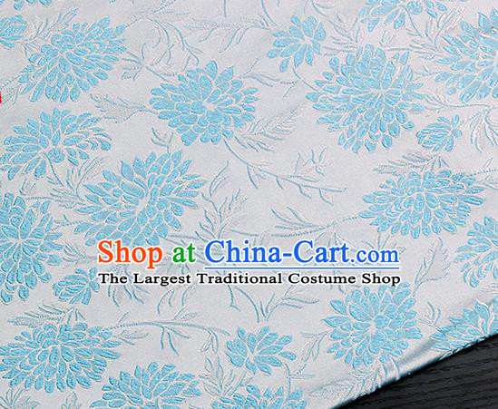 Chinese Classical Blue Hibiscus Pattern Design Satin Fabric Brocade Asian Traditional Drapery Silk Material