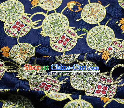 Asian Japanese Kimono Satin Fabric Classical Copper Pattern Design Navy Brocade Damask Traditional Drapery Silk Material
