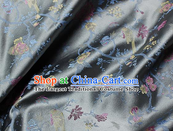 Chinese Classical Flowers Bird Pattern Design Grey Satin Fabric Brocade Asian Traditional Drapery Silk Material