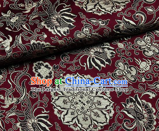 Chinese Classical Rosette Pattern Design Wine Red Satin Fabric Brocade Asian Traditional Drapery Silk Material