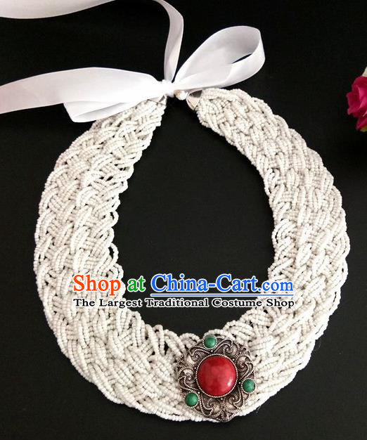 Chinese Traditional Mongol Nationality Weave White Hair Clasp Mongolian Ethnic Dance Headband Accessories for Women