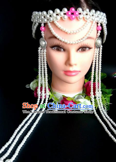 Chinese Traditional Mongol Nationality Rosy Beads Hair Clasp Mongolian Ethnic Dance Tassel Headband Accessories for Women