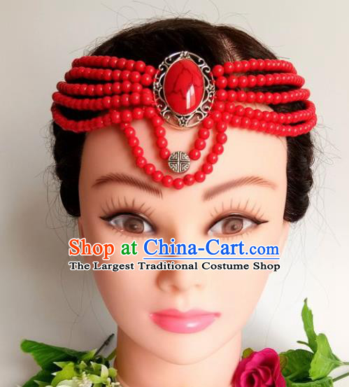 Chinese Traditional Mongol Nationality Female Red Beads Hair Clasp Mongolian Ethnic Dance Headband Accessories for Women