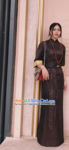 Chinese Traditional Zang Nationality Female Brown Silk Dress Tibetan Robe Ethnic Dance Costume for Women