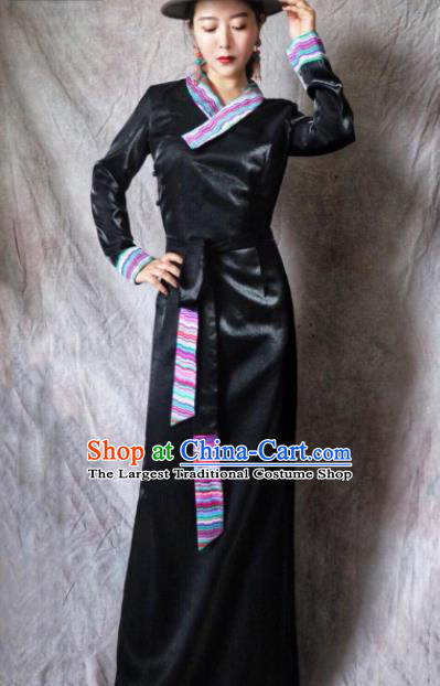 Chinese Traditional Ethnic Tibetan Robe Zang Nationality Female Black Silk Dress Costume for Women