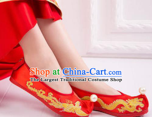 Chinese Embroidered Phoenix Shoes Traditional Opera Red Satin Shoes Wedding Shoes Hanfu Princess Shoes for Women