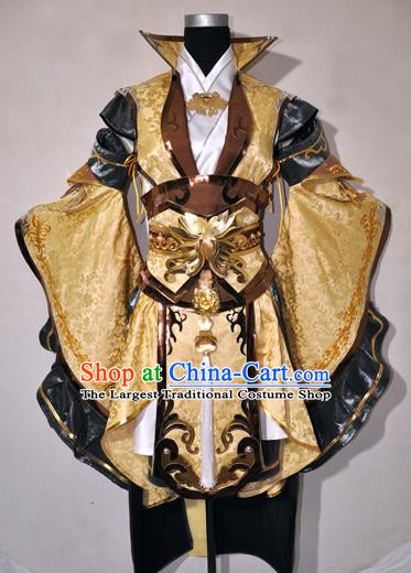 Chinese Traditional Cosplay Young Knight Golden Costume Ancient Swordsman Hanfu Clothing for Men