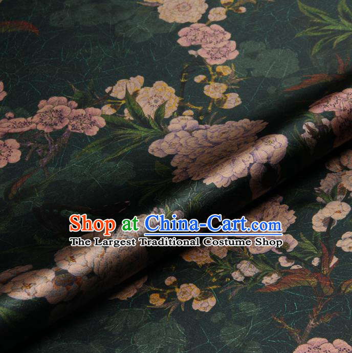 Chinese Traditional Classical Peach Blossom Pattern Deep Green Brocade Damask Asian Satin Drapery Silk Fabric