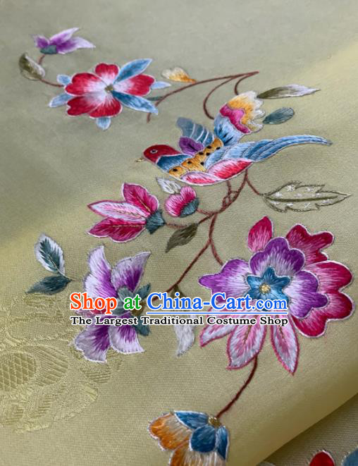 Traditional Chinese Satin Classical Embroidered Flower Bird Pattern Design Yellow Brocade Fabric Asian Silk Fabric Material