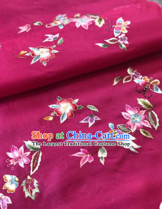 Traditional Chinese Satin Classical Embroidered Bird Flowers Pattern Design Rosy Brocade Fabric Asian Silk Fabric Material
