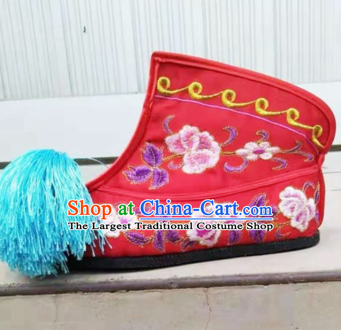 Chinese Traditional Beijing Opera Diva Red Embroidered Boots Ancient Swordswoman Shoes for Women
