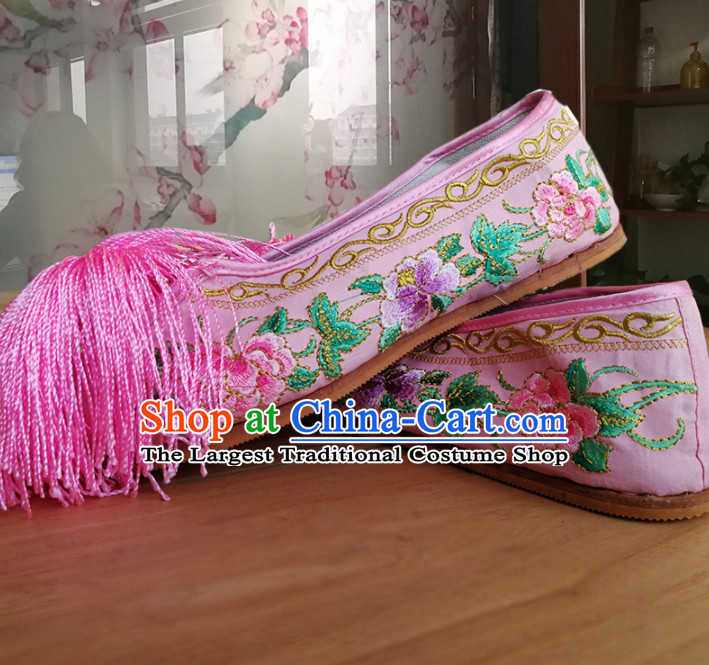 Chinese Traditional Beijing Opera Diva Pink Satin Shoes Ancient Princess Hanfu Embroidered Shoes for Adults