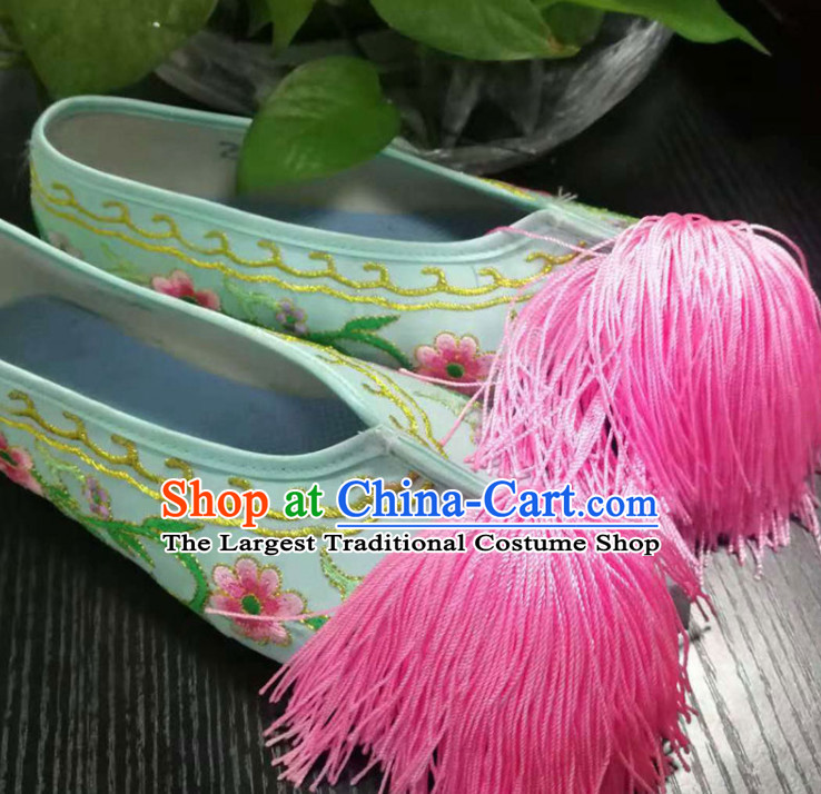 Chinese Traditional Beijing Opera Diva Green Satin Shoes Ancient Princess Hanfu Embroidered Shoes for Adults