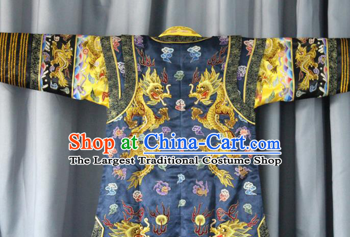 Chinese Traditional Drama Manchu Empress Embroidered Navy Dress Ancient Qing Dynasty Queen Costume for Women