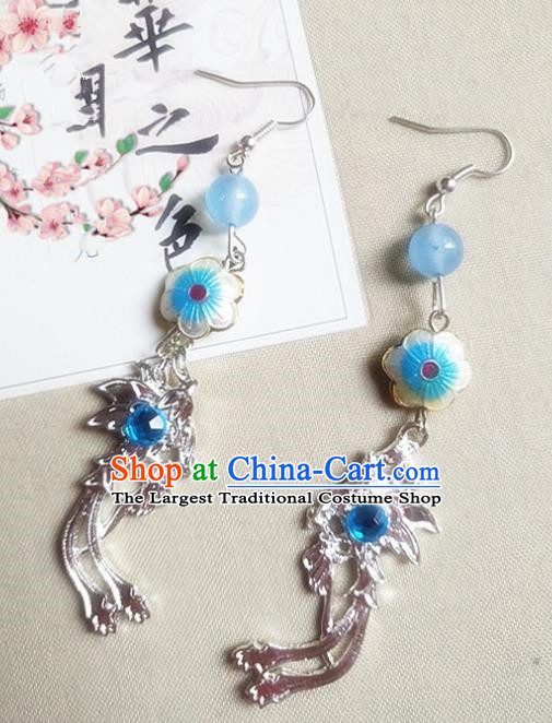Chinese Ancient Princess Cloisonne Blue Earrings Traditional Hanfu Palace Jewelry Accessories for Women