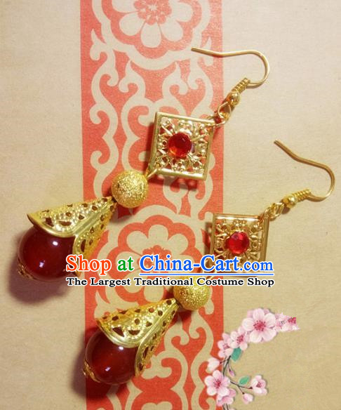 Chinese Ancient Princess Red Bead Earrings Traditional Hanfu Palace Jewelry Accessories for Women