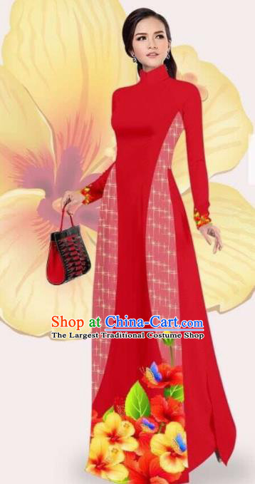 Asian Vietnam Traditional Printing Red Dress Vietnamese Classical Ao Dai Cheongsam for Women