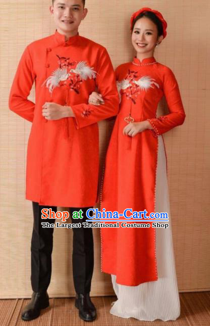 Asian Vietnam Traditional Wedding Costumes Vietnamese National Bride and Bridegroom Ao Dai Cheongsam Complete Set