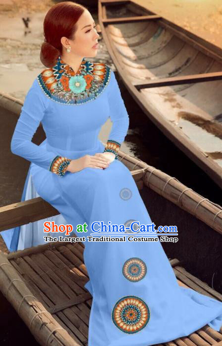 Asian Vietnam Traditional Bride Blue Dress Vietnamese National Classical Ao Dai Cheongsam for Women