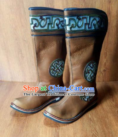 Traditional Chinese Mongol Ethnic Orange Leather Boots Mongolian Minority Folk Dance Handmade Shoes for Men