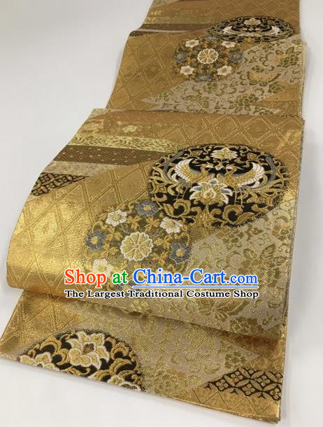 Japanese Kimono Classical Crane Pattern Golden Brocade Belt Asian Japan Traditional National Yukata Waistband for Women