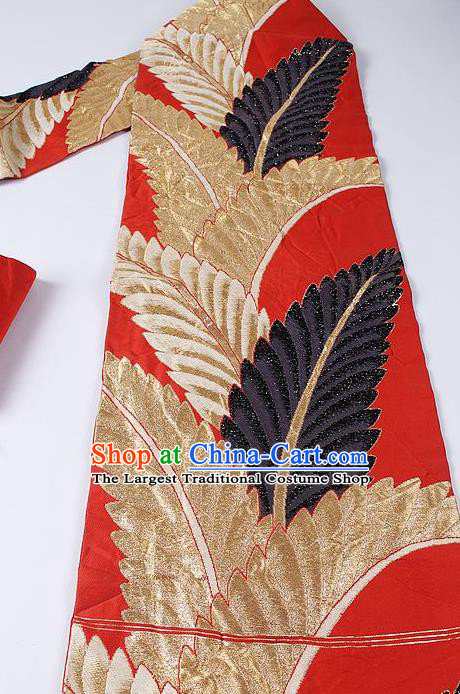 Japanese Kimono Classical Leaf Pattern Design Red Brocade Belt Asian Japan Traditional National Yukata Waistband for Women