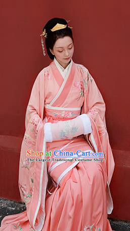 Chinese Ancient Han Dynasty Imperial Consort Pink Hanfu Dress Traditional Court Lady Embroidered Replica Costume for Women