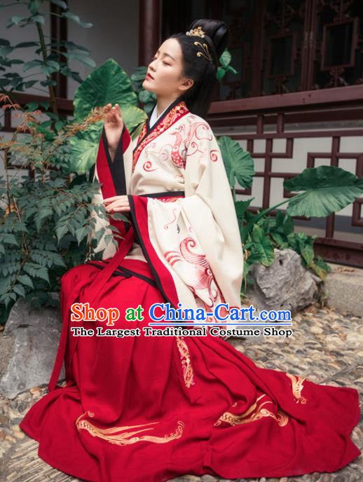 Chinese Ancient Han Dynasty Palace Lady Hanfu Dress Traditional Court Maid Embroidered Replica Costume for Women