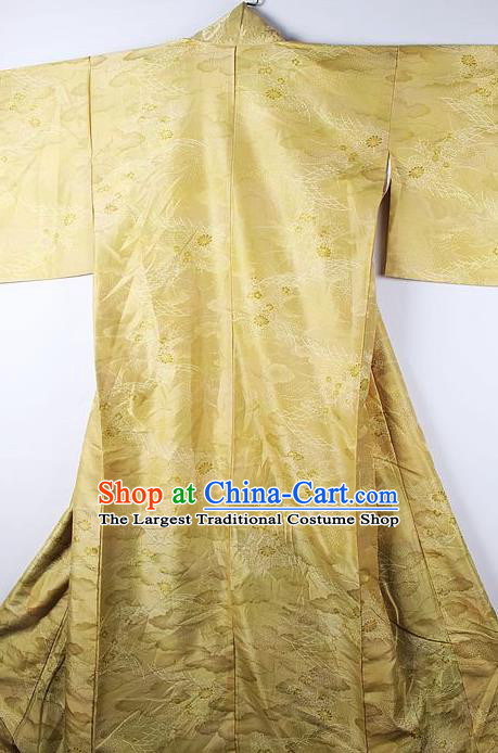Asian Japanese National Printing Golden Furisode Kimono Ceremony Costume Traditional Japan Yukata Dress for Women