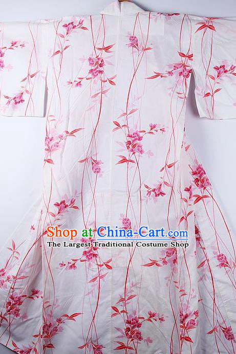 Asian Japanese National Printing Rosy Flowers Furisode Kimono Ceremony Costume Traditional Japan Yukata Dress for Women