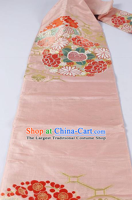 Asian Japanese Classical Chrysanthemum Peony Pattern Pink Brocade Waistband Kimono Accessories Traditional Yukata Belt for Women