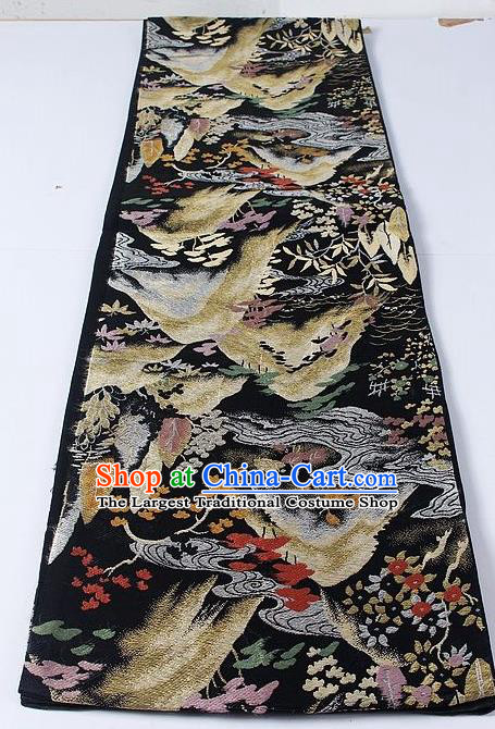 Asian Japanese Yukata Accessories Classical Maple Leaf Mount Pattern Black Brocade Belt Japan Traditional Kimono Waistband for Women